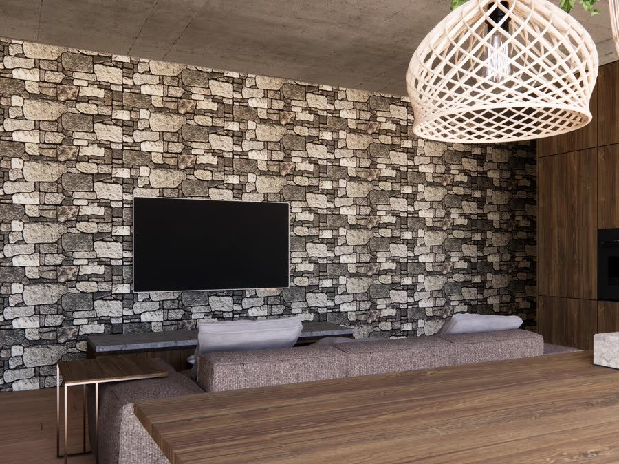 ÇağHan uygulama — taş görünümlü salon duvarı